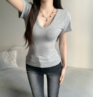 Cheese V-neck Short Sleeve Basic T-shirt Modal Daily