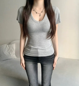 Cheese V-neck Short Sleeve Basic T-shirt Modal Daily