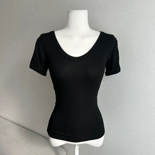 Cheese V-neck Short Sleeve Basic T-shirt Modal Daily
