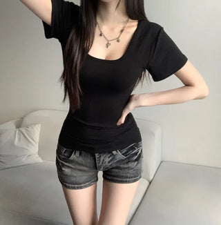 Glam Round Neck Short Sleeve Basic T-shirt Sexy