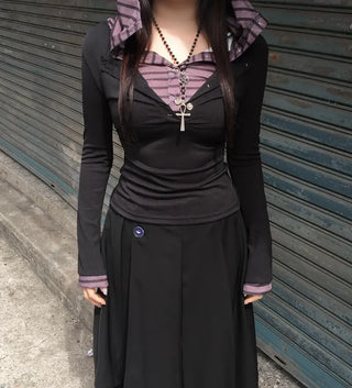 Layered Double Striped Long Sleeve Hoodie Daily Unique