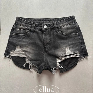 Damaged Used Pocket Shorts Hot Pants Black Denim