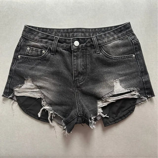 Damaged Used Pocket Shorts Hot Pants Black Denim