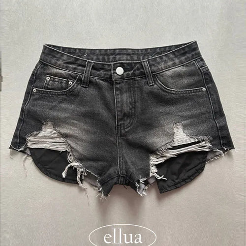 Damaged Used Pocket Shorts Hot Pants Black Denim