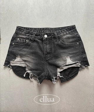 Damaged Used Pocket Shorts Hot Pants Black Denim
