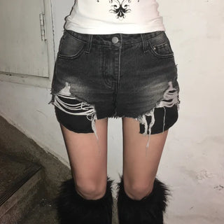 Damaged Used Pocket Shorts Hot Pants Black Denim