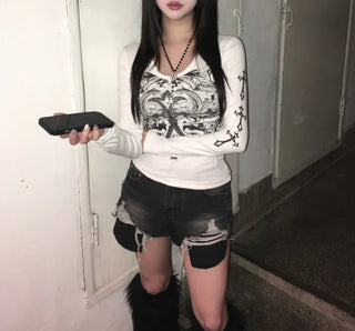 Damaged Used Pocket Shorts Hot Pants Black Denim