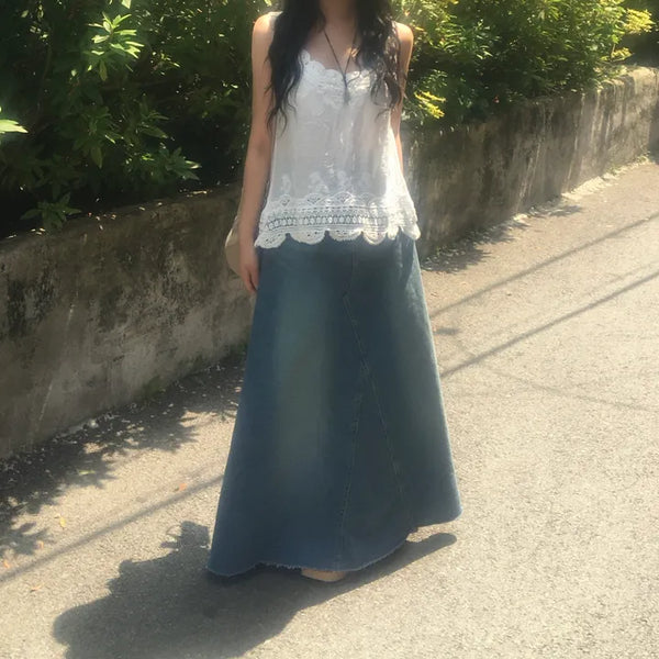 Synth Maxi Long Denim Skirt Filmed Layered Summer