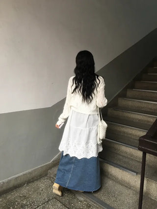 Synth Maxi Long Denim Skirt Filmed Layered Summer
