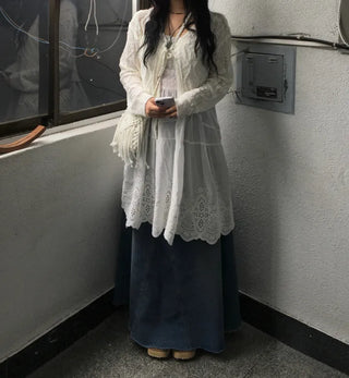 Synth Maxi Long Denim Skirt Filmed Layered Summer