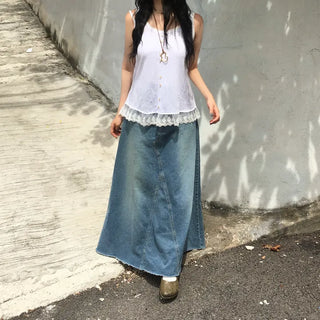 Synth Maxi Long Denim Skirt Filmed Layered Summer