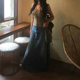 Synth Maxi Long Denim Skirt Filmed Layered Summer