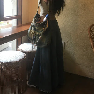 Synth Maxi Long Denim Skirt Filmed Layered Summer