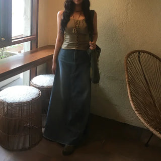Synth Maxi Long Denim Skirt Filmed Layered Summer