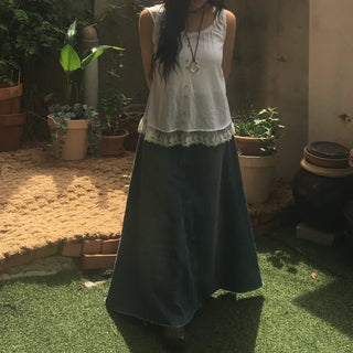 Synth Maxi Long Denim Skirt Filmed Layered Summer