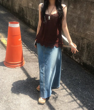 Synth Maxi Long Denim Skirt Filmed Layered Summer