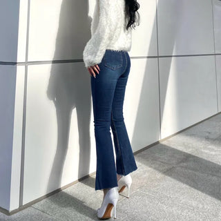 Diagonal High-Waisted Two-Button Bootcut Denim Jeans