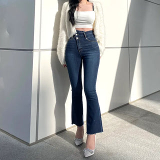 Diagonal High-Waisted Two-Button Bootcut Denim Jeans