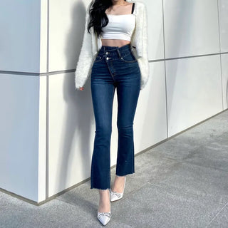 Diagonal High-Waisted Two-Button Bootcut Denim Jeans