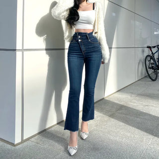 Diagonal High-Waisted Two-Button Bootcut Denim Jeans