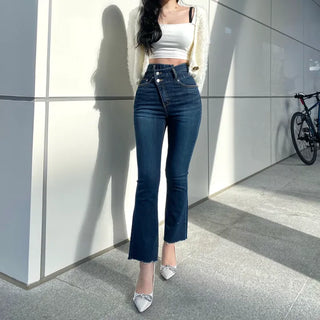 Diagonal High-Waisted Two-Button Bootcut Denim Jeans