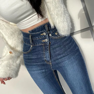 Diagonal High-Waisted Two-Button Bootcut Denim Jeans