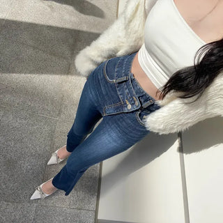 Diagonal High-Waisted Two-Button Bootcut Denim Jeans
