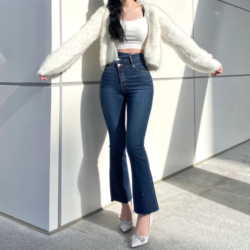 Diagonal High-Waisted Two-Button Bootcut Denim Jeans