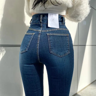 Diagonal High-Waisted Two-Button Bootcut Denim Jeans