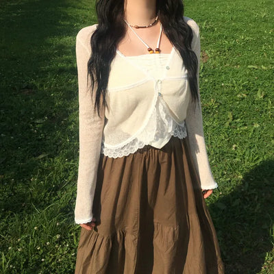 Cookie Lace Cardigan Button Transitional Season Look Flower