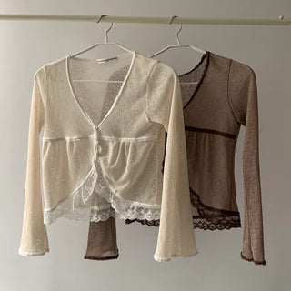 Cookie Lace Cardigan Button Transitional Season Look Flower