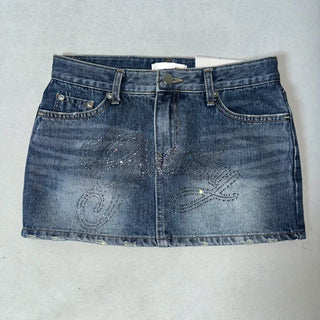 Glow Cubic Low-Rise Denim Mini Skirt Hot Fix