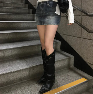 Glow Cubic Low-Rise Denim Mini Skirt Hot Fix