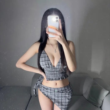Black Check Side Volume Cover-up Bikini Skirt Resort