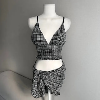 Black Check Side Volume Cover-up Bikini Skirt Resort