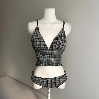 Black Check Side Volume Cover-up Bikini Skirt Resort