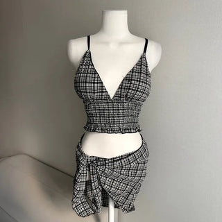 Black Check Side Volume Cover-up Bikini Skirt Resort