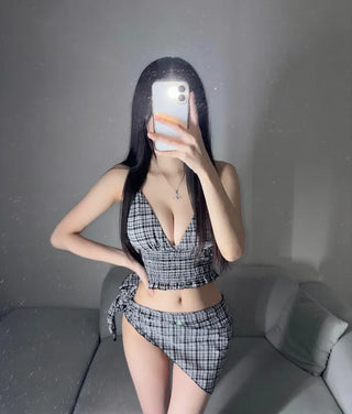 Black Check Side Volume Cover-up Bikini Skirt Resort
