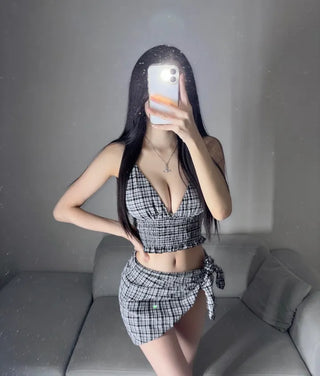 Black Check Side Volume Cover-up Bikini Skirt Resort
