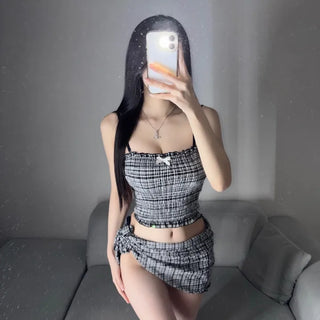 Black Check Smoke Banding Top Bikini Cover-up Skirt