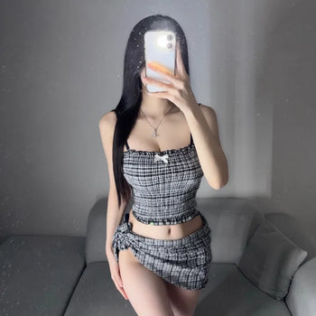 Black Check Smoke Banding Top Bikini Cover-up Skirt