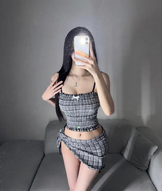 Black Check Smoke Banding Top Bikini Cover-up Skirt