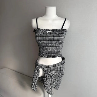 Black Check Smoke Banding Top Bikini Cover-up Skirt