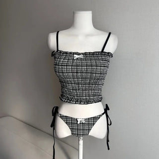 Black Check Smoke Banding Top Bikini Cover-up Skirt