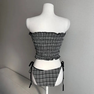 Black Check Smoke Banding Top Bikini Cover-up Skirt