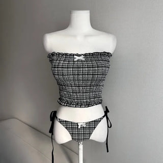 Black Check Smoke Banding Top Bikini Cover-up Skirt