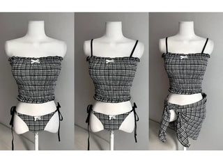 Black Check Smoke Banding Top Bikini Cover-up Skirt