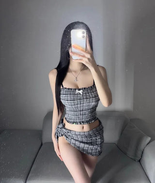 Black Check Smoke Banding Top Bikini Cover-up Skirt