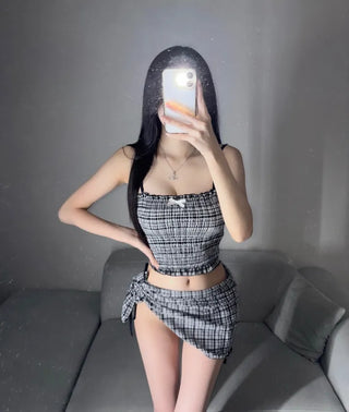 Black Check Smoke Banding Top Bikini Cover-up Skirt