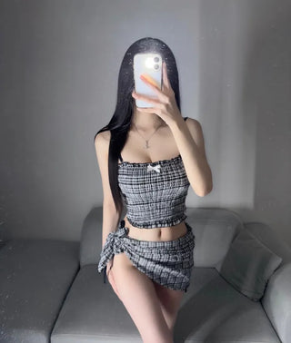 Black Check Smoke Banding Top Bikini Cover-up Skirt